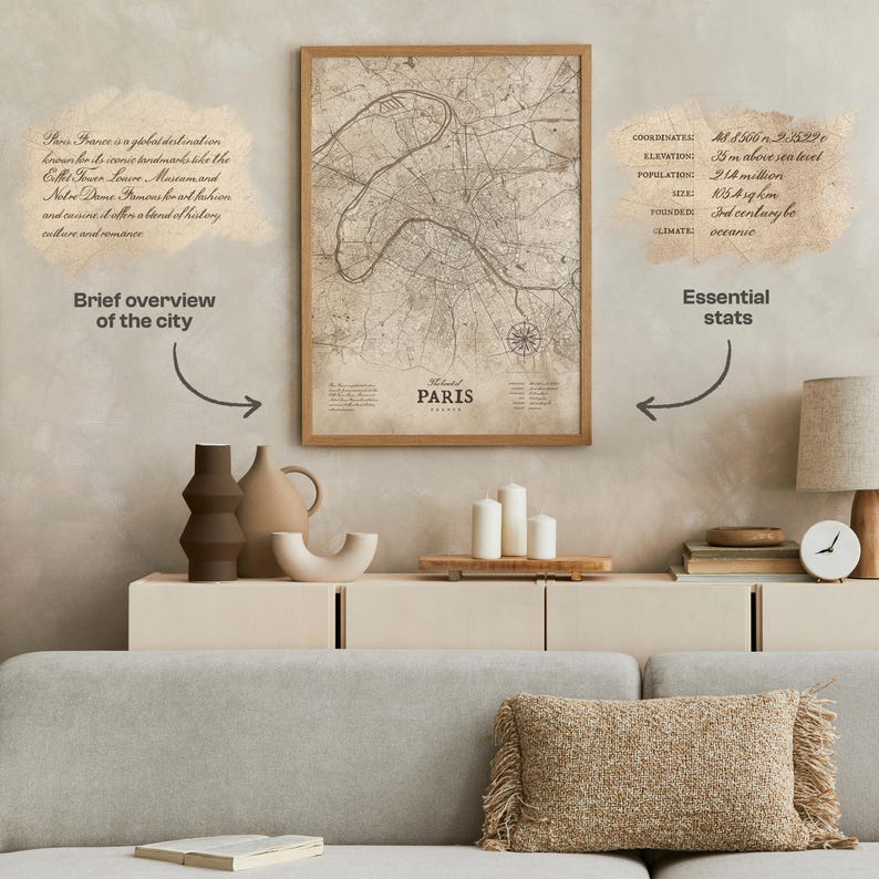 Vintage Paris City Map Print | Retro France Wall Art (digital Download ...