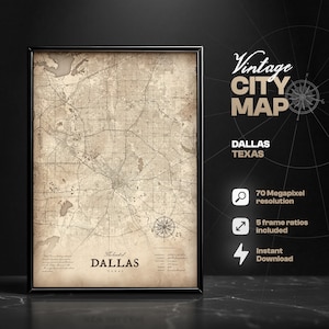 Impresión digital del mapa vintage de Dallas, mapa de Dallas, Texas, impresión de mapas, decoración del hogar, arte mural de mapas, ideas de regalo, póster de Dallas