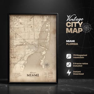 Miami vintage stadskaart digitale print, Florida, kaartprint, woondecoratie, kunst aan de muur, housewarmingcadeau, stadskaart Miami, stratenplan Miami