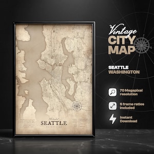 Seattle vintage stadskaart digitale print, kaart van Seattle, Washington, kaart print, woondecoratie, kaart kunst aan de muur, cadeau-ideeën, Seattle kaart, Seattle