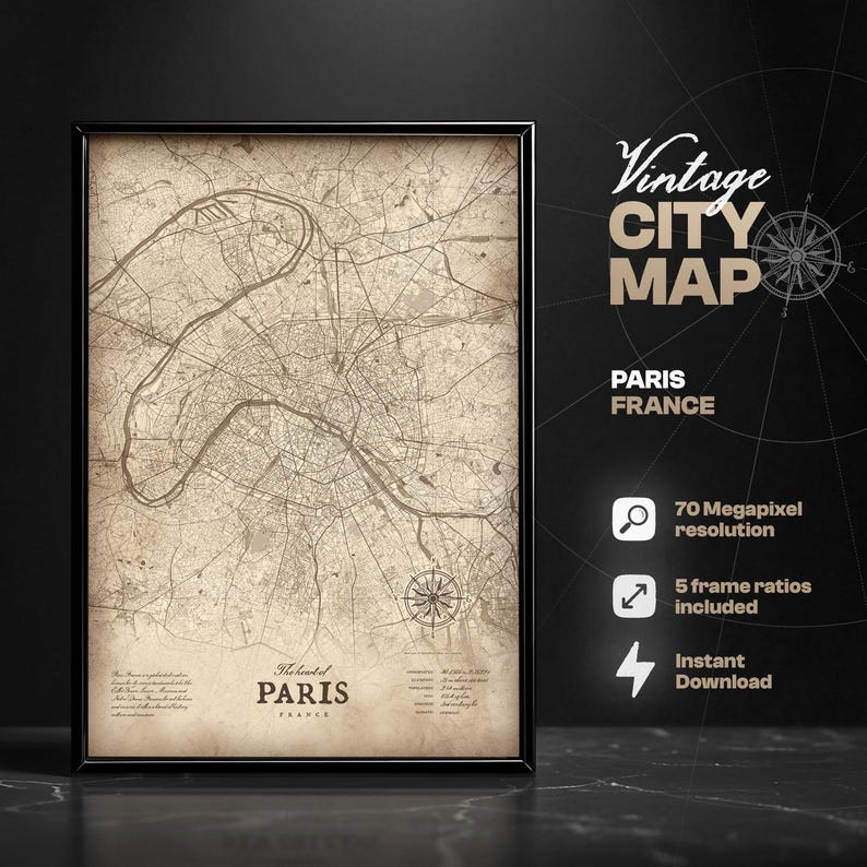 Vintage Paris City Map Print | Retro France Wall Art (digital Download ...