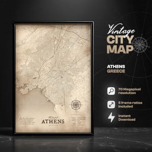 Impresión digital del mapa vintage de Atenas, Grecia, mapa de Atenas imprimible para decoración del hogar, plano de calles de Atenas, recuerdo de Atenas, mapa antiguo.