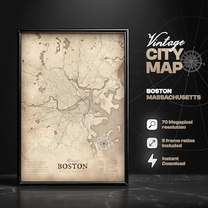 Impresión digital del mapa vintage de Boston, mapa de Boston, Massachusetts, impresión de mapas, decoración del hogar, arte mural de mapas, idea de regalo, mapa de Boston, regalo de Boston