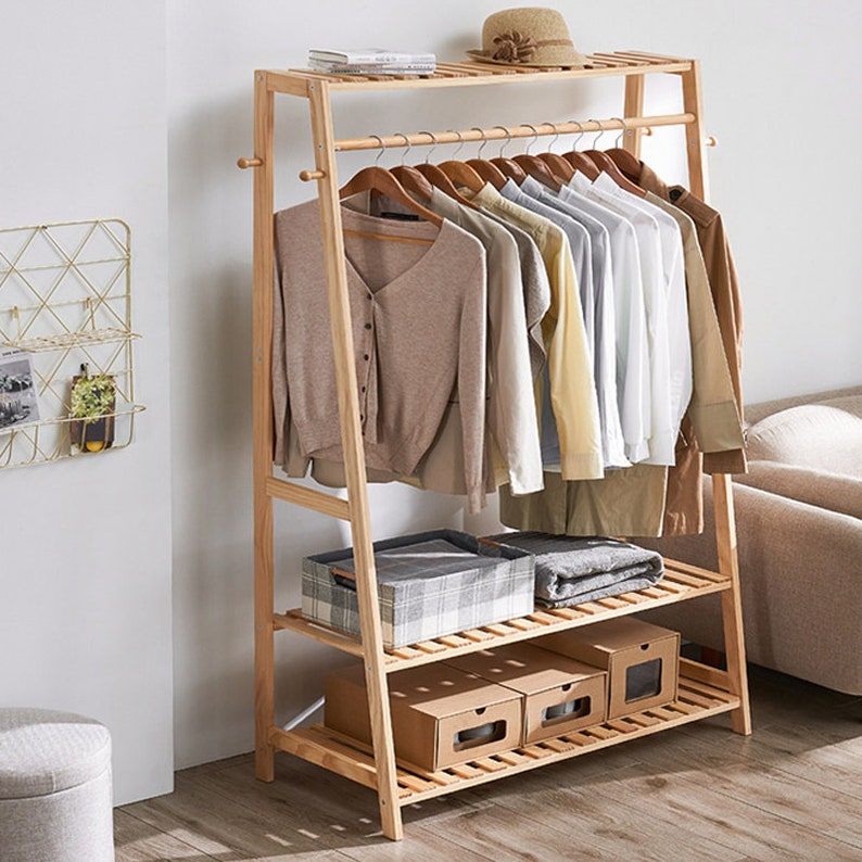 Bamboo Clothing Rack With 2 Tier Storage Shelf | Garment Rack | Clothes Storage | Closet Rack | Coat Rack with Shelf | Coat Rack