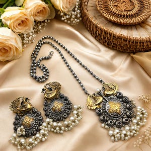 Peacock Tribal Necklace Set with Earrings | Oxidized Silver & Gold Statement Jewelry