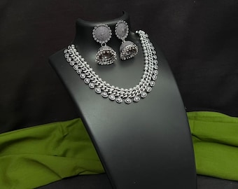 Oxidized Silver Choker Set: Bollywood Jhumka Earrings