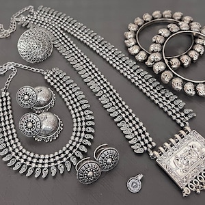 Oxidized German Silver Indian Jewelry Set: Necklace, Earrings, Ring
