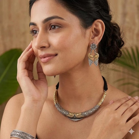 Dual Tone Oxidized Silver Gold Necklace & Earring Set | Boho Tribal Jewelry
