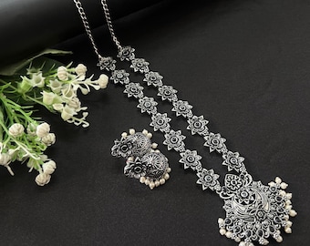 Handgemaakte geoxideerde ketting oorbellen set: Boho Indiase sieraden