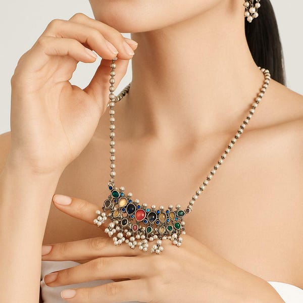 Oxidized Silver Long Chain Pendant Set: Indian German Silver Necklace