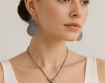 Oxidized Peacock Pendant Necklace & Earrings: Antique Silver Boho Jewelry Set