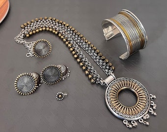 Vintage India dual tone oxidised jewelry set, long necklace set, ethnic jewelry, temple jewellery, gift for her, indian jewelry necklace set