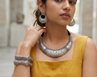 Oxidized Silver Jewelry Set | Handmade Necklace, Earrings & Bangles
