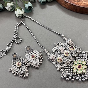 Oxidized Silver Peacock Pendant Set: German Silver Kundan Jhumka Earrings