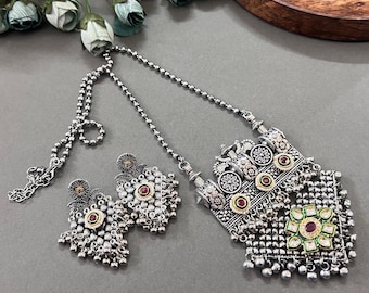 Oxidized Silver Peacock Pendant Set: German Silver Kundan Jhumka Earrings