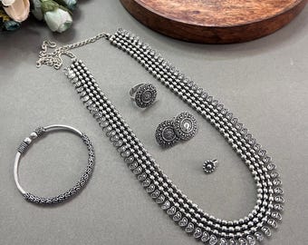 Oxidized Silver Jewelry Set: Floral Necklace, Earrings, Ring, Nosepin, Kada