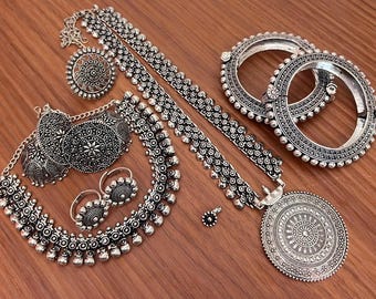 Oxidized Silver Jewelry Set | Boho Necklace, Bangles, Ring & Earrings