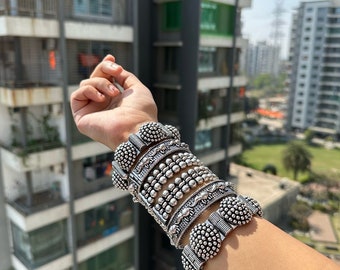 Oxidized Indian Silver Hand Made Bracelet set, Antique kada Bangle set with designer german silver plated  - Premium Quality silver Kada
