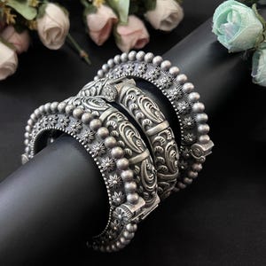 Oxidized Silver Carved Bangle Set: Indian Kada Bracelets