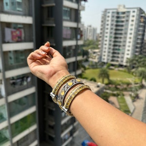 Oxidized Silver Look Bangle Kada: Vintage Stone Indian Jewelry