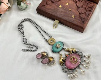 German Silver Elephant Necklace Set: Dual Tone Indian Jewelry