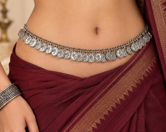 Antique Silver Coin Kamarband | Oxidized Waist Belt, Indian Saree Jewelry