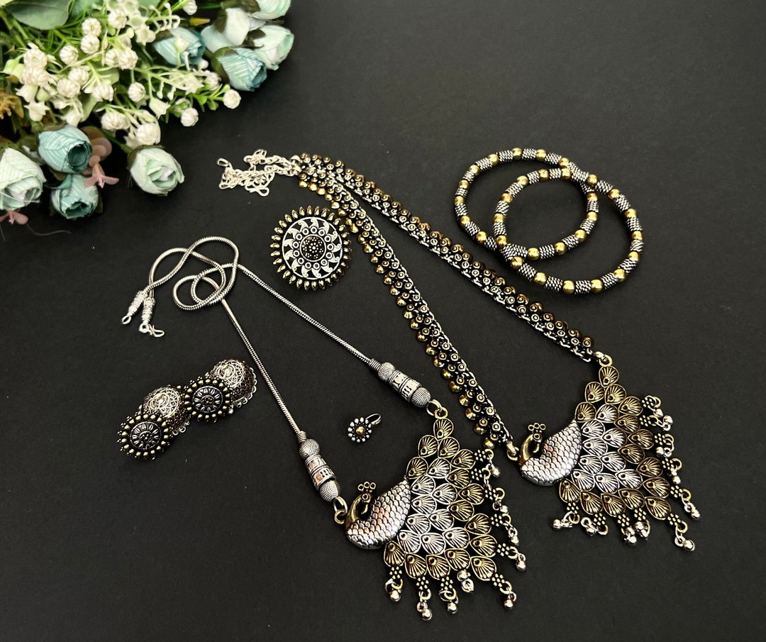 Vintage Oxidized Silver Look Indian Jewelry Set: Dual Tone Long