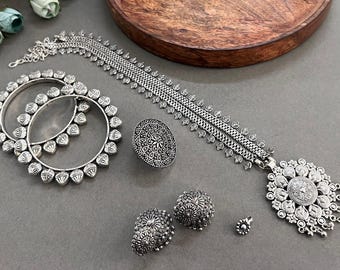 Oxidized German Silver Pendant Set: Boho Tribal Necklace & Earrings