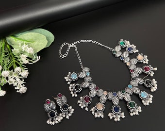 Oxidized Stone Choker Set: Handmade Indian Temple Jewelry