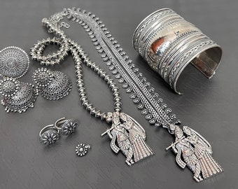 Oxidised Jewellery Set Of 7, With Long Necklace, German Silver Jewelry, Kolhapuri Oxidised Set, Indian Silver Choker