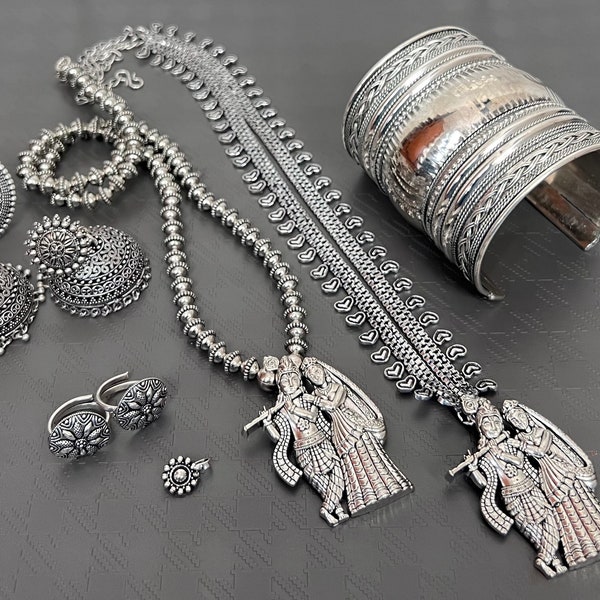 Oxidised Jewellery Set Of 7, With Long Necklace, German Silver Jewelry, Kolhapuri Oxidised Set, Indian Silver Choker