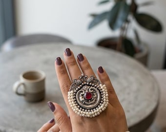 Anillo ajustable de estilo vintage Bollywood, chapado en plata pulida blanca, joyería de moda para mujer