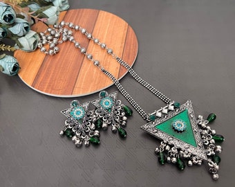 Meenakari Handbemalte Schmuck Set: Oxidierte Silber Bollywood Halskette Ohrringe