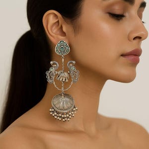 Oxidized Elephant Jhumka Earrings: Antique Silver Finish, Stone Accents
