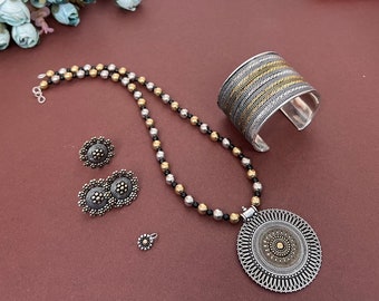 Vintage Handmade Dual tone Oxidized Indian Style One line Mala Necklace Set For Girls n women