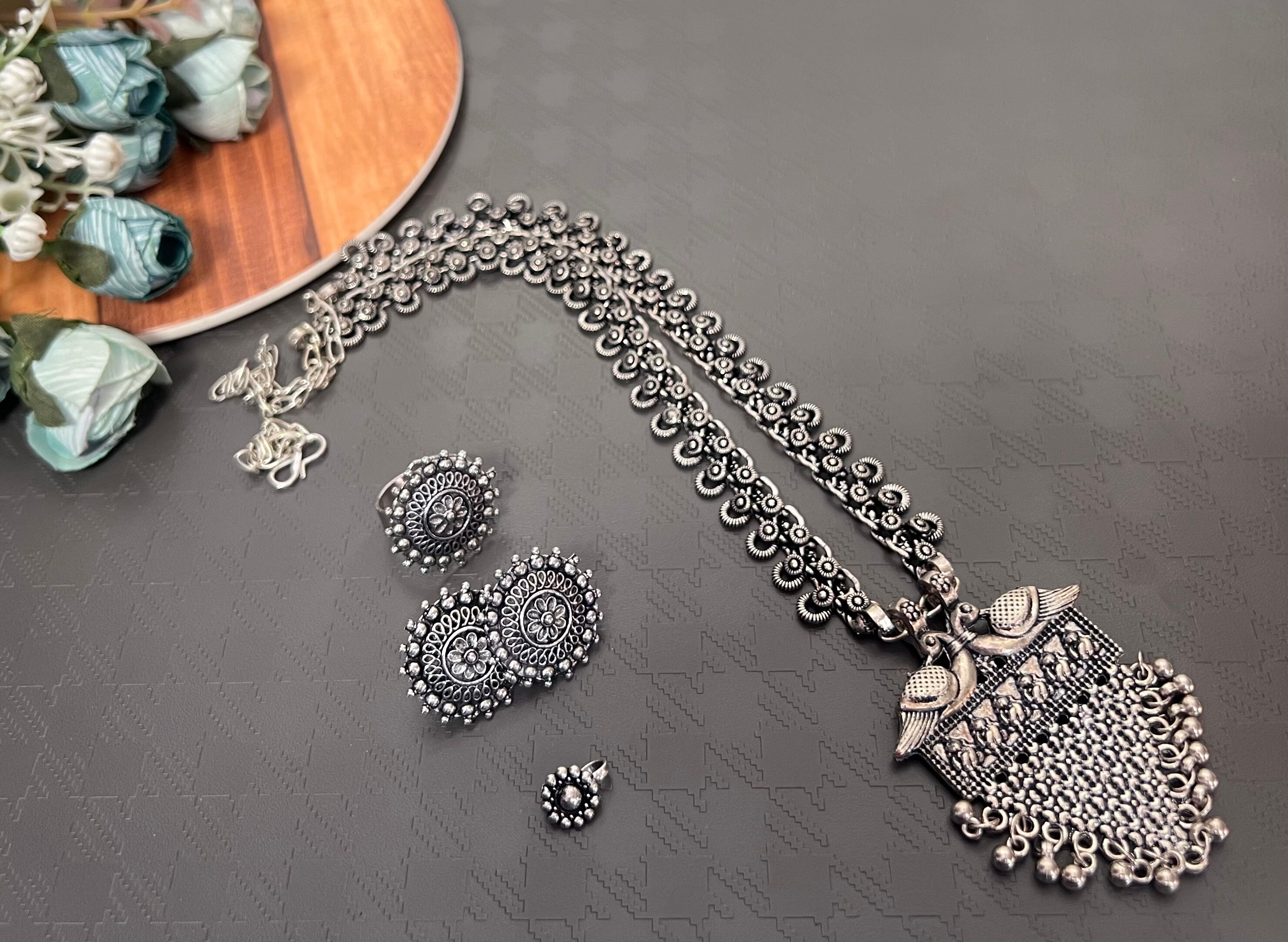 jewellerybyvintage Oxidised German Silver Jewellery Set of 4 Indian Jewelry Traditional Long Necklace Temple Kemp jewlery oxidized for Women Ethnic Hot Selling