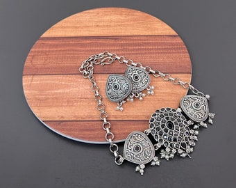 Oxidized Silver Plated Choker Necklace & Studs: Handmade Ethnic Jewelry Set