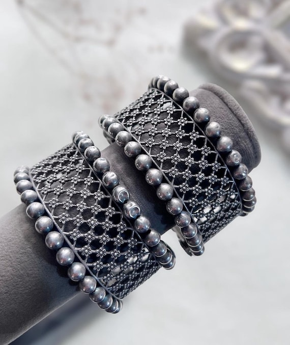 Vintage Silver Plated Bangle Set: Handmade Indian Kada Bracelets