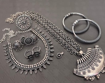 Oxidized German Silver Jewelry Set: Indian Necklace, Temple Jewelry
