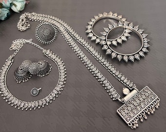 Vintage Antique Boho Style German Silver Necklace Set Oxidized Indian Silver Plated Unique Designed Necklace Set For Women Combo set