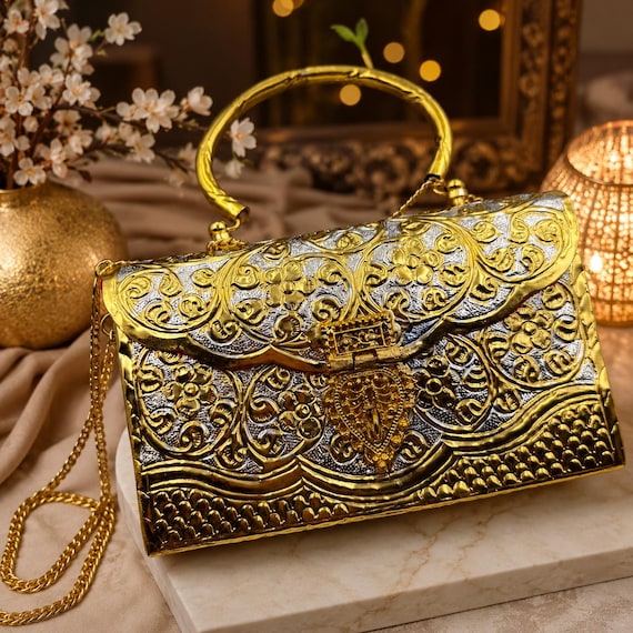 Embossed Metal Clutch Purse: Gold Silver Dual-tone Evening Bag, Vintage Bridal Handbag