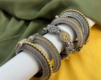Kada-armband geoxideerd zilver Set van 5: tweekleurige etnische armbanden