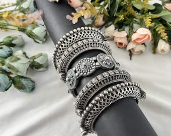 Silver Tone Bangle Set: Indian Ethnic Cuff Bracelet, Set of 5 - Etsy