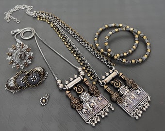Dual Tone Oxidised Combo Set of 6pc With matching chain pendant,Ring,Jhumkas,Nosepin and Bangles