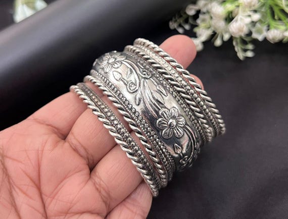 German Silver Bangle Set: Antique Floral Design, Adjustable Cuff