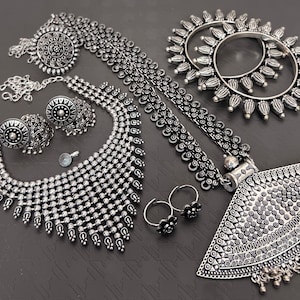 Oxidized Silver Indian Jewelry Set: Long Necklace, Choker, Earrings, Ring, Bangles