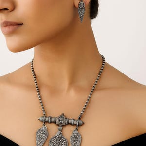 Vintage Polish Tribal Pendant Set: Western Style Long Chain Earrings