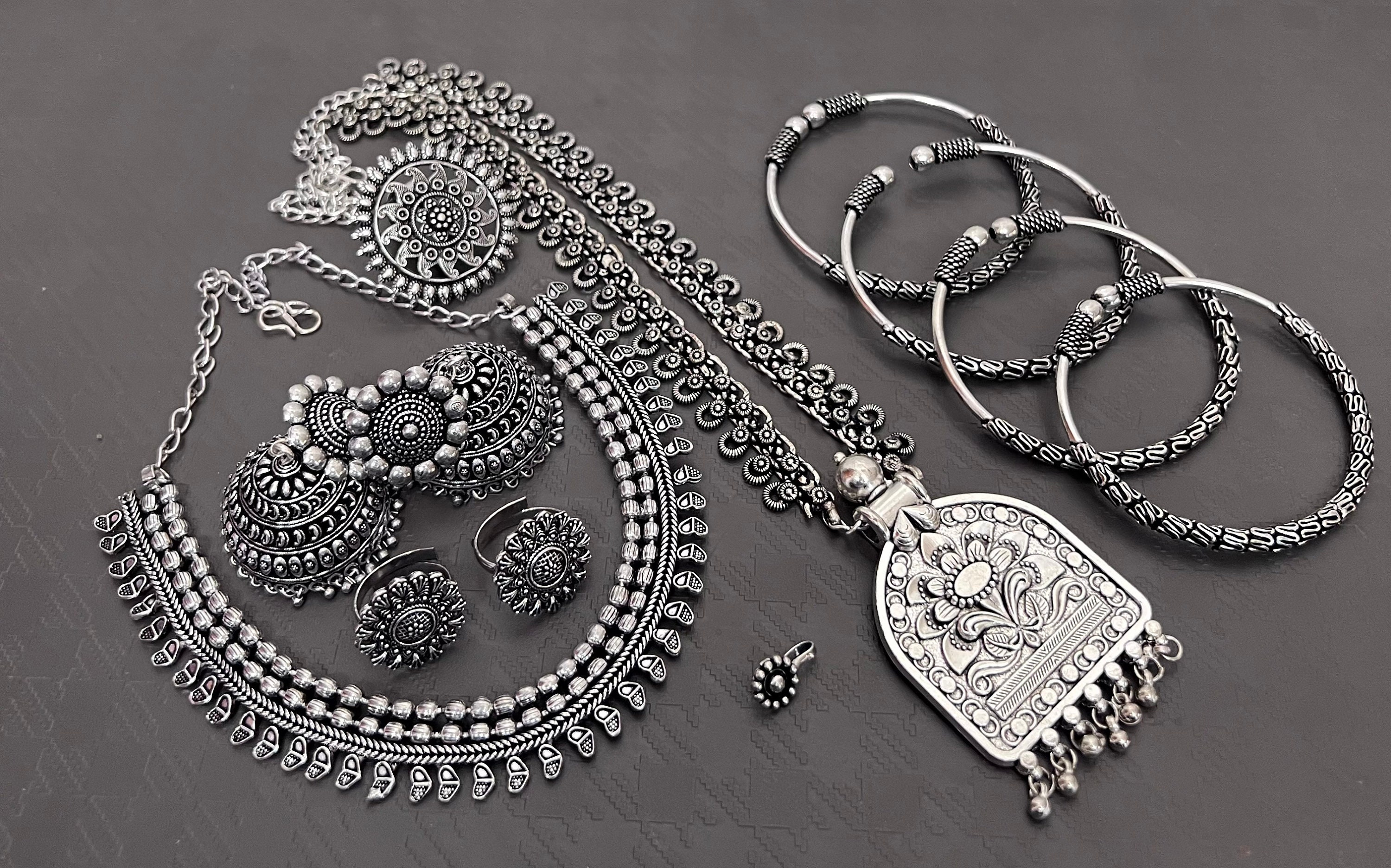 Oxidized Silver Plated Jewelry Set: Necklace, Earrings, Bangles