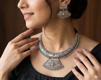 Oxidized Silver Choker Necklace & Earring Set | Tribal Boho Jewelry