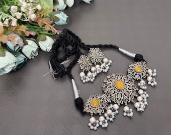 Vintage Replica Choker Set: Beaded Oxidized Necklace & Earrings